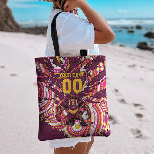 Personalised Brisbane Broncos Rugby Tote Bag Aboriginal Art Style Pink And Gold Patterned Graphics