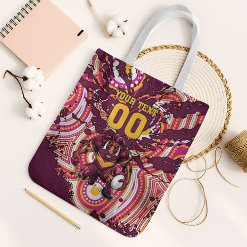 Personalised Brisbane Broncos Rugby Tote Bag Aboriginal Art Style Pink And Gold Patterned Graphics