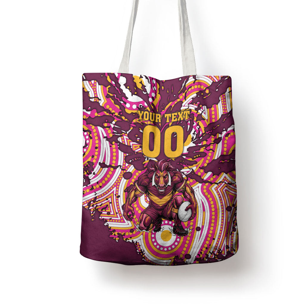 Personalised Brisbane Broncos Rugby Tote Bag Aboriginal Art Style Pink And Gold Patterned Graphics