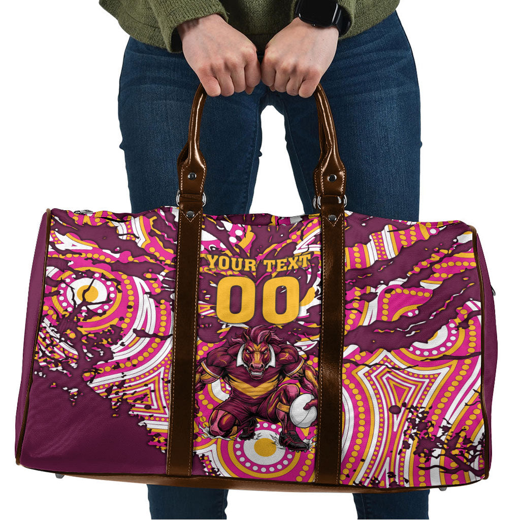 Personalised Brisbane Broncos Rugby Travel Bag Aboriginal Art Style Pink And Gold Patterned Graphics