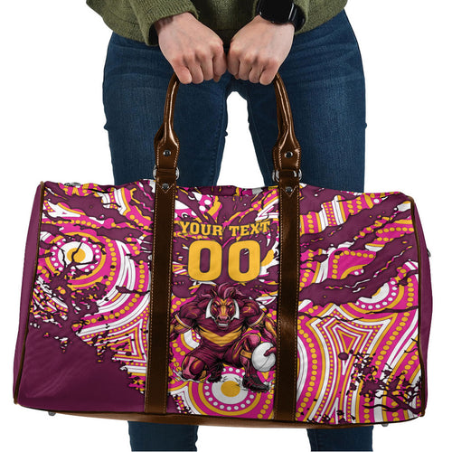 Personalised Brisbane Broncos Rugby Travel Bag Aboriginal Art Style Pink And Gold Patterned Graphics