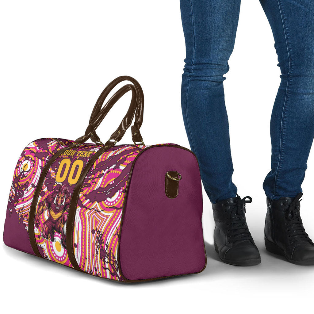 Personalised Brisbane Broncos Rugby Travel Bag Aboriginal Art Style Pink And Gold Patterned Graphics