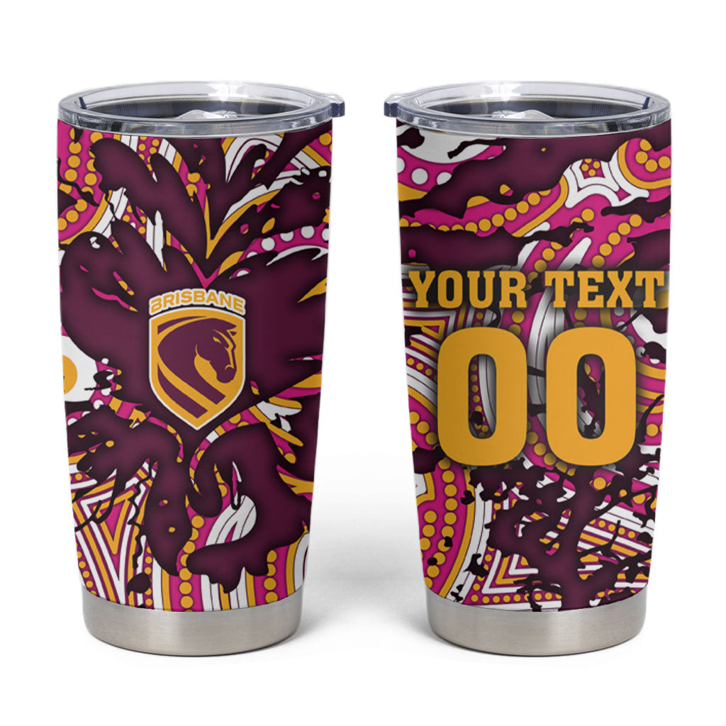 Personalised Brisbane Broncos Rugby Tumbler Cup Aboriginal Art Style Pink And Gold Patterned Graphics