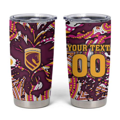 Personalised Brisbane Broncos Rugby Tumbler Cup Aboriginal Art Style Pink And Gold Patterned Graphics
