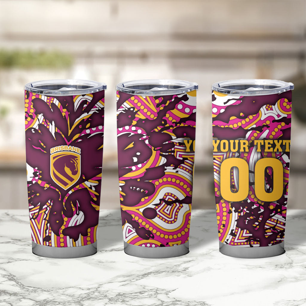 Personalised Brisbane Broncos Rugby Tumbler Cup Aboriginal Art Style Pink And Gold Patterned Graphics