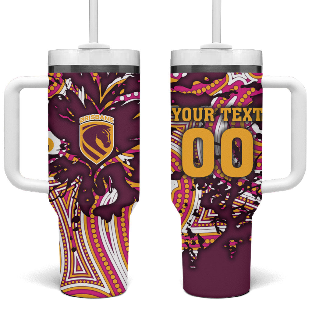 Personalised Brisbane Broncos Rugby Tumbler With Handle Aboriginal Art Style Pink And Gold Patterned Graphics