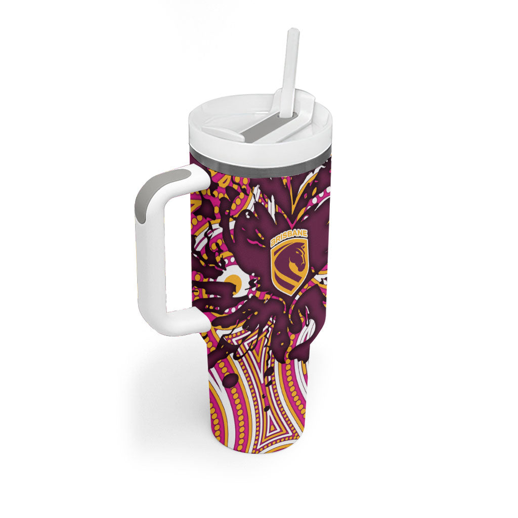 Personalised Brisbane Broncos Rugby Tumbler With Handle Aboriginal Art Style Pink And Gold Patterned Graphics