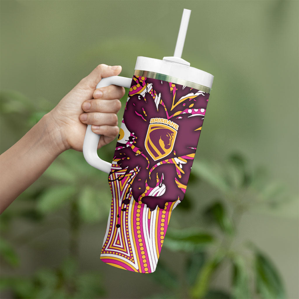 Personalised Brisbane Broncos Rugby Tumbler With Handle Aboriginal Art Style Pink And Gold Patterned Graphics