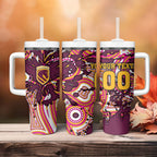 Personalised Brisbane Broncos Rugby Tumbler With Handle Aboriginal Art Style Pink And Gold Patterned Graphics