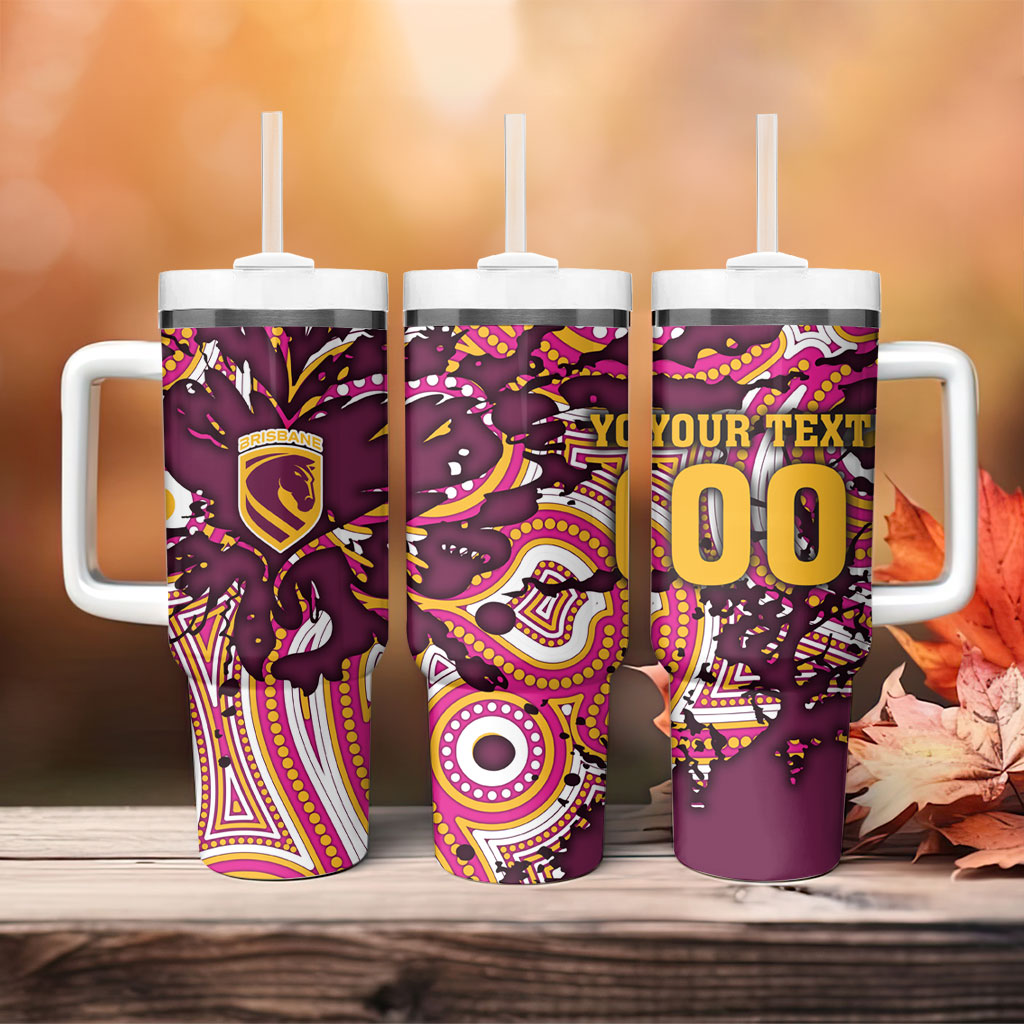 Personalised Brisbane Broncos Rugby Tumbler With Handle Aboriginal Art Style Pink And Gold Patterned Graphics