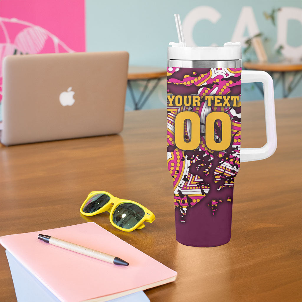 Personalised Brisbane Broncos Rugby Tumbler With Handle Aboriginal Art Style Pink And Gold Patterned Graphics