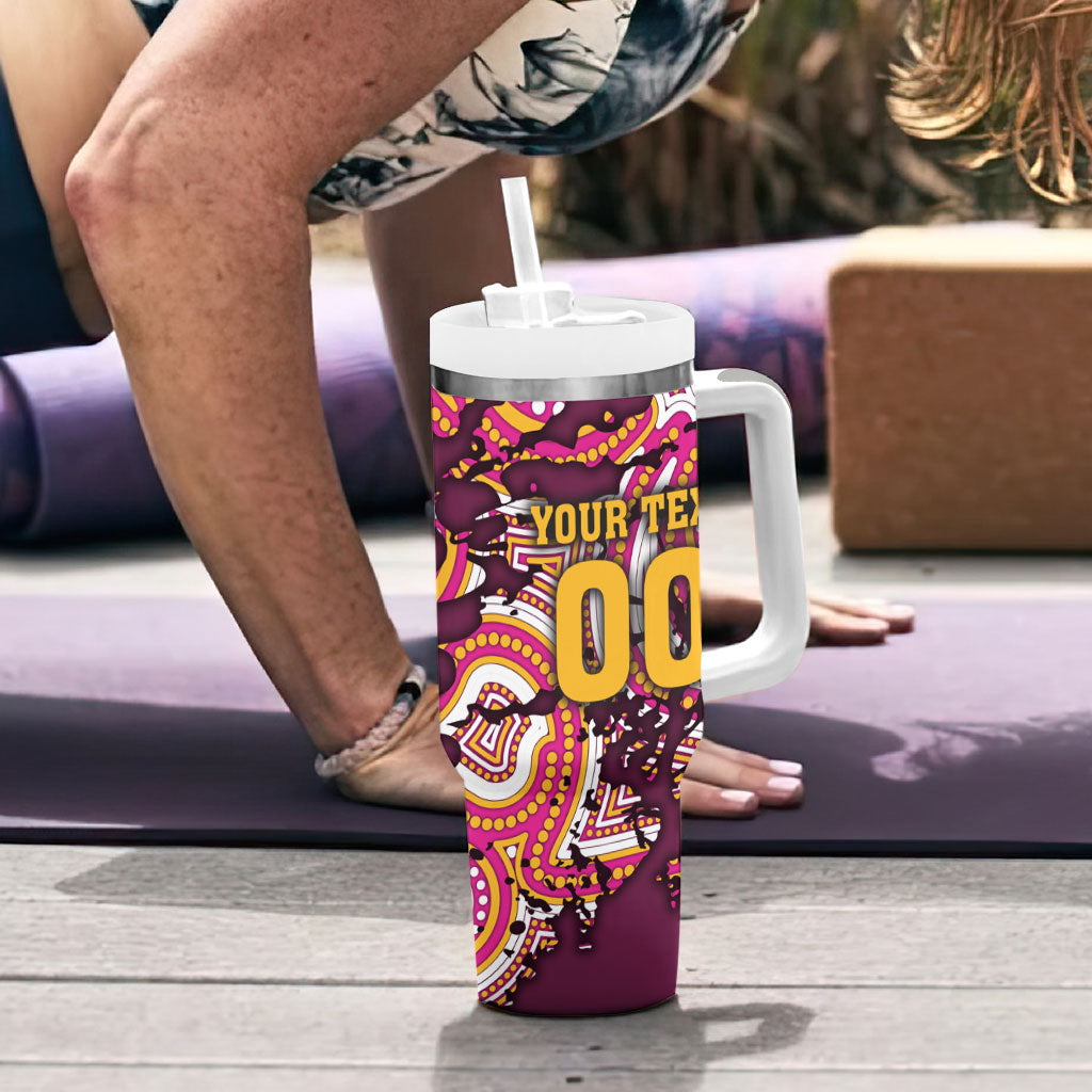 Personalised Brisbane Broncos Rugby Tumbler With Handle Aboriginal Art Style Pink And Gold Patterned Graphics