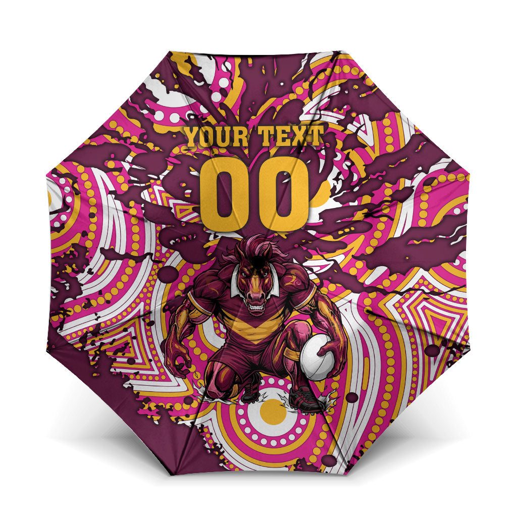 Personalised Brisbane Broncos Rugby Umbrella Aboriginal Art Style Pink And Gold Patterned Graphics