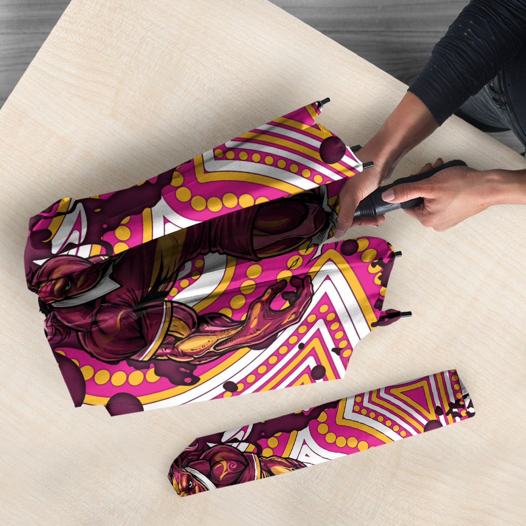 Personalised Brisbane Broncos Rugby Umbrella Aboriginal Art Style Pink And Gold Patterned Graphics