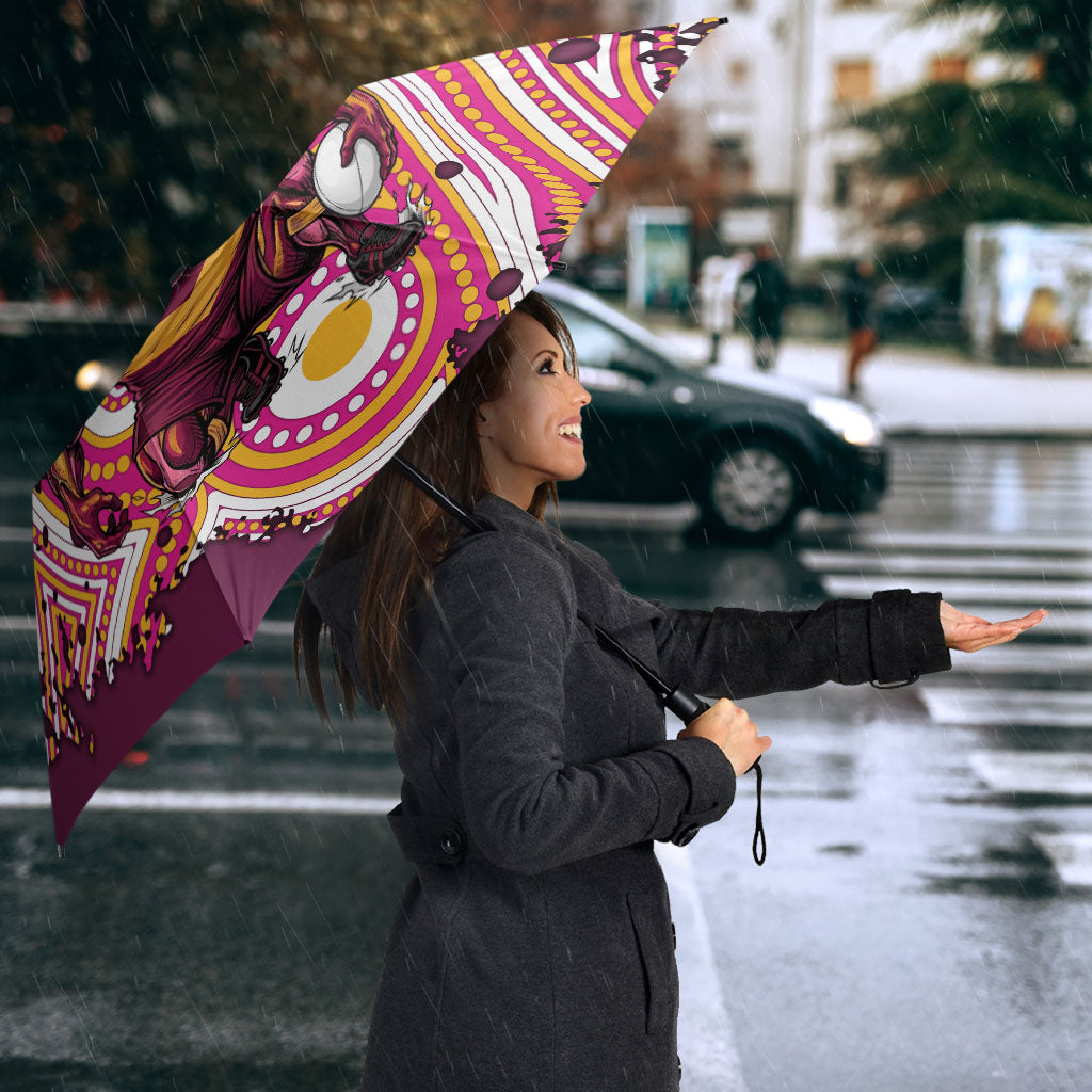 Personalised Brisbane Broncos Rugby Umbrella Aboriginal Art Style Pink And Gold Patterned Graphics