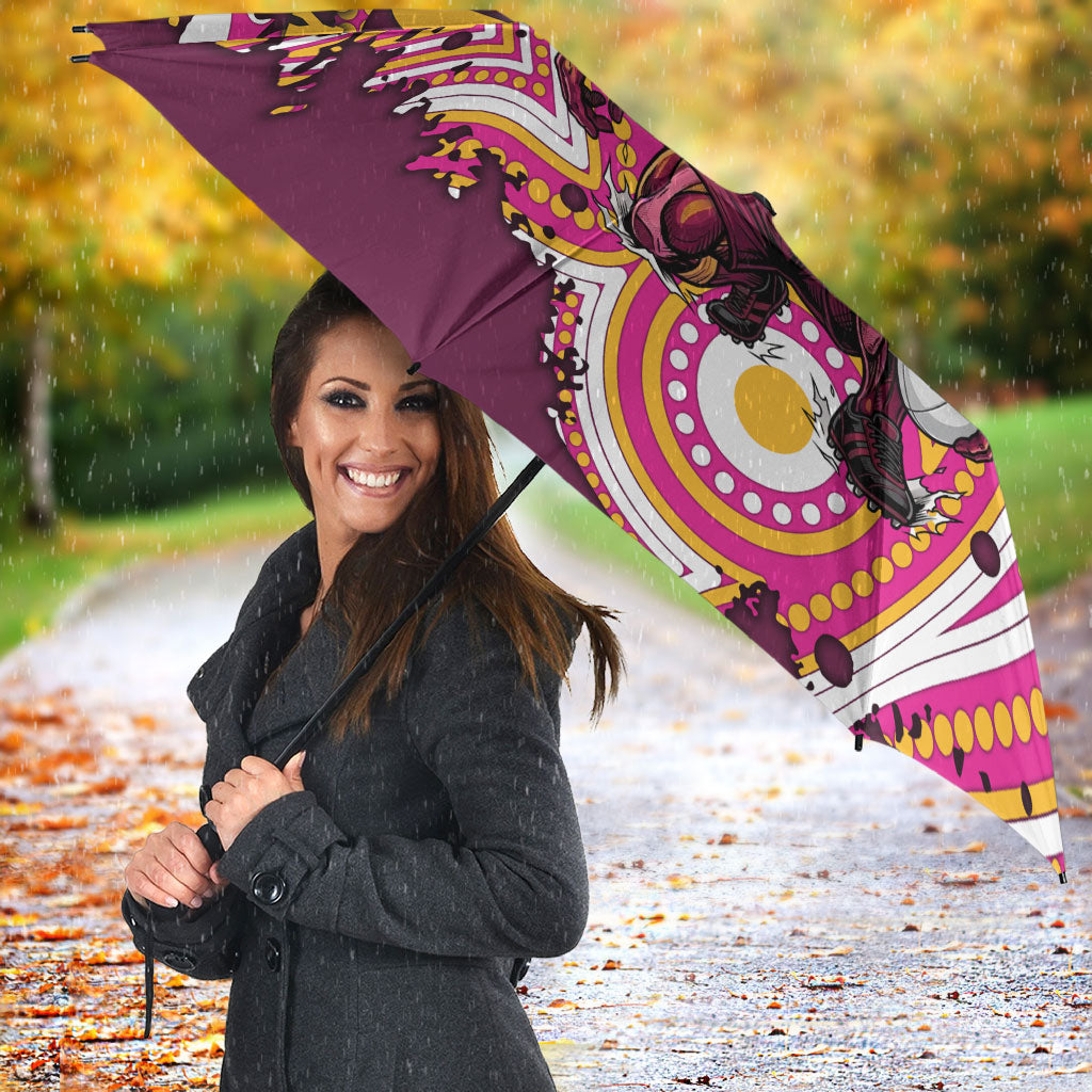 Personalised Brisbane Broncos Rugby Umbrella Aboriginal Art Style Pink And Gold Patterned Graphics