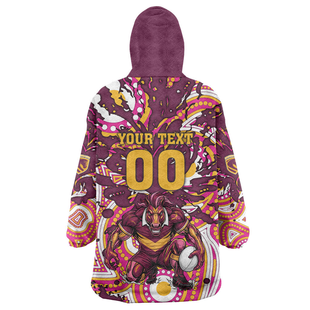 Personalised Brisbane Broncos Rugby Wearable Blanket Hoodie Aboriginal Art Style Pink And Gold Patterned Graphics