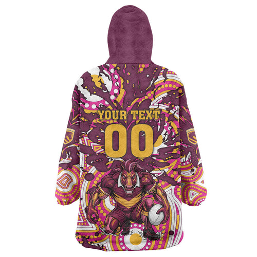 Personalised Brisbane Broncos Rugby Wearable Blanket Hoodie Aboriginal Art Style Pink And Gold Patterned Graphics