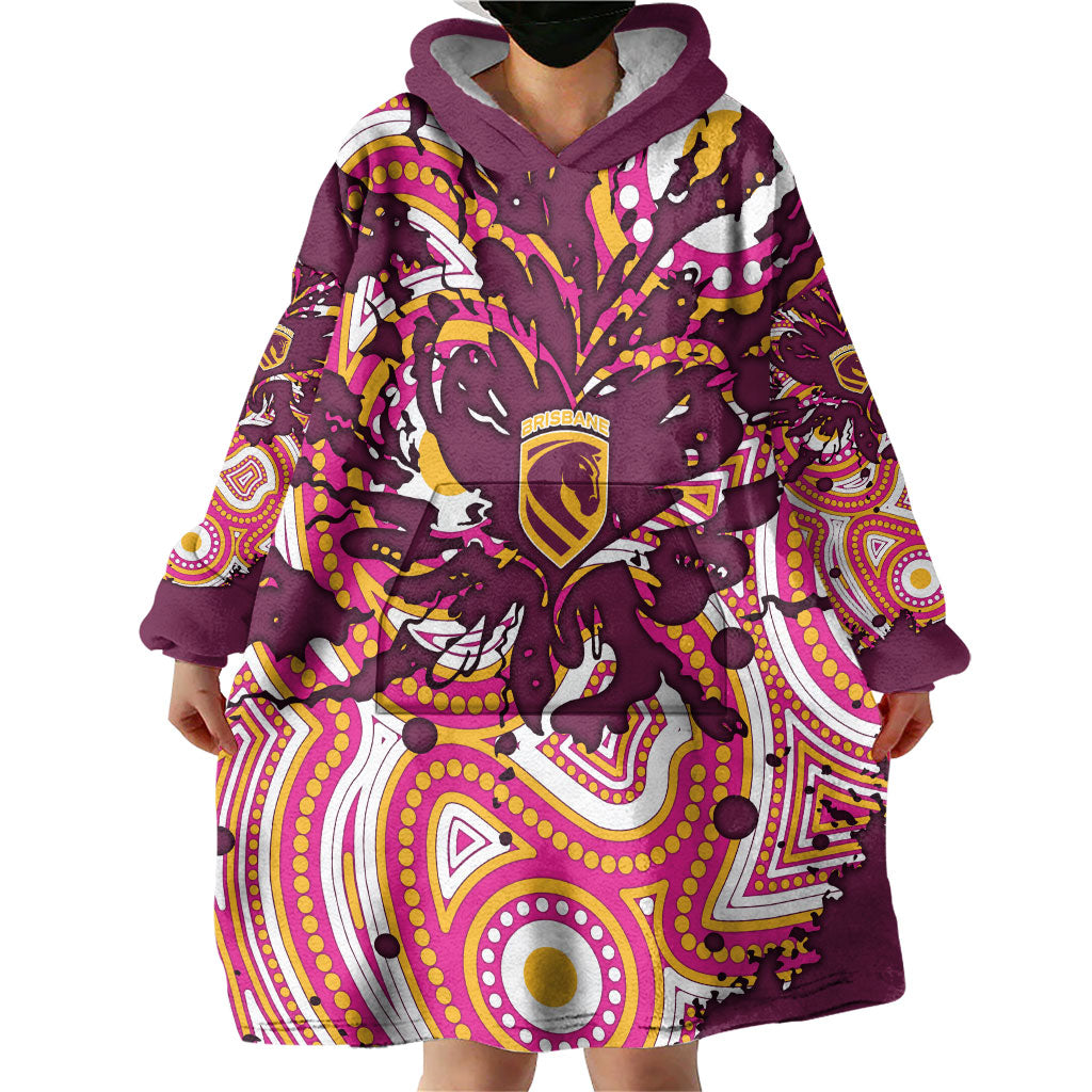 Personalised Brisbane Broncos Rugby Wearable Blanket Hoodie Aboriginal Art Style Pink And Gold Patterned Graphics