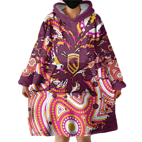 Personalised Brisbane Broncos Rugby Wearable Blanket Hoodie Aboriginal Art Style Pink And Gold Patterned Graphics