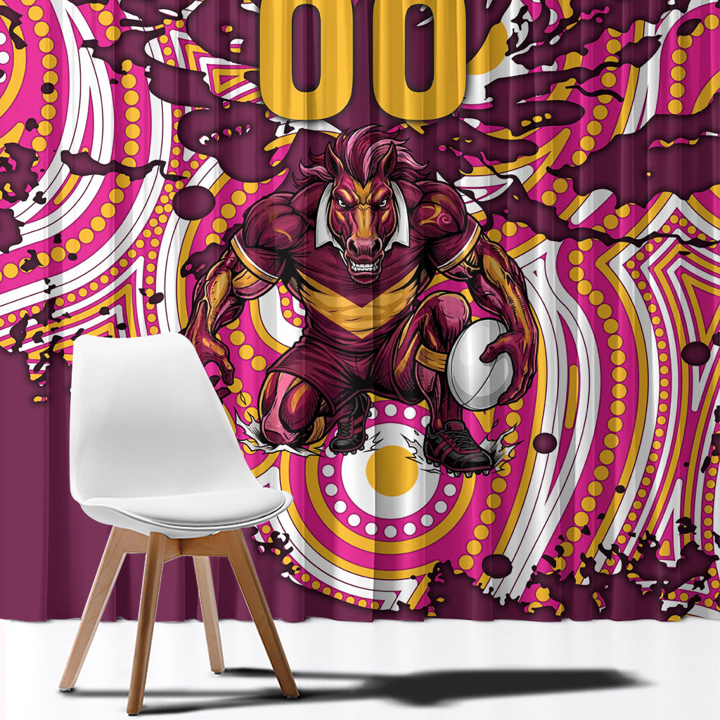 Personalised Brisbane Broncos Rugby Window Curtain Aboriginal Art Style Pink And Gold Patterned Graphics