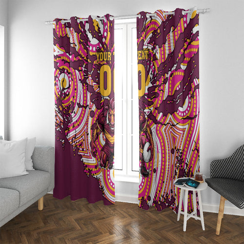 Personalised Brisbane Broncos Rugby Window Curtain Aboriginal Art Style Pink And Gold Patterned Graphics