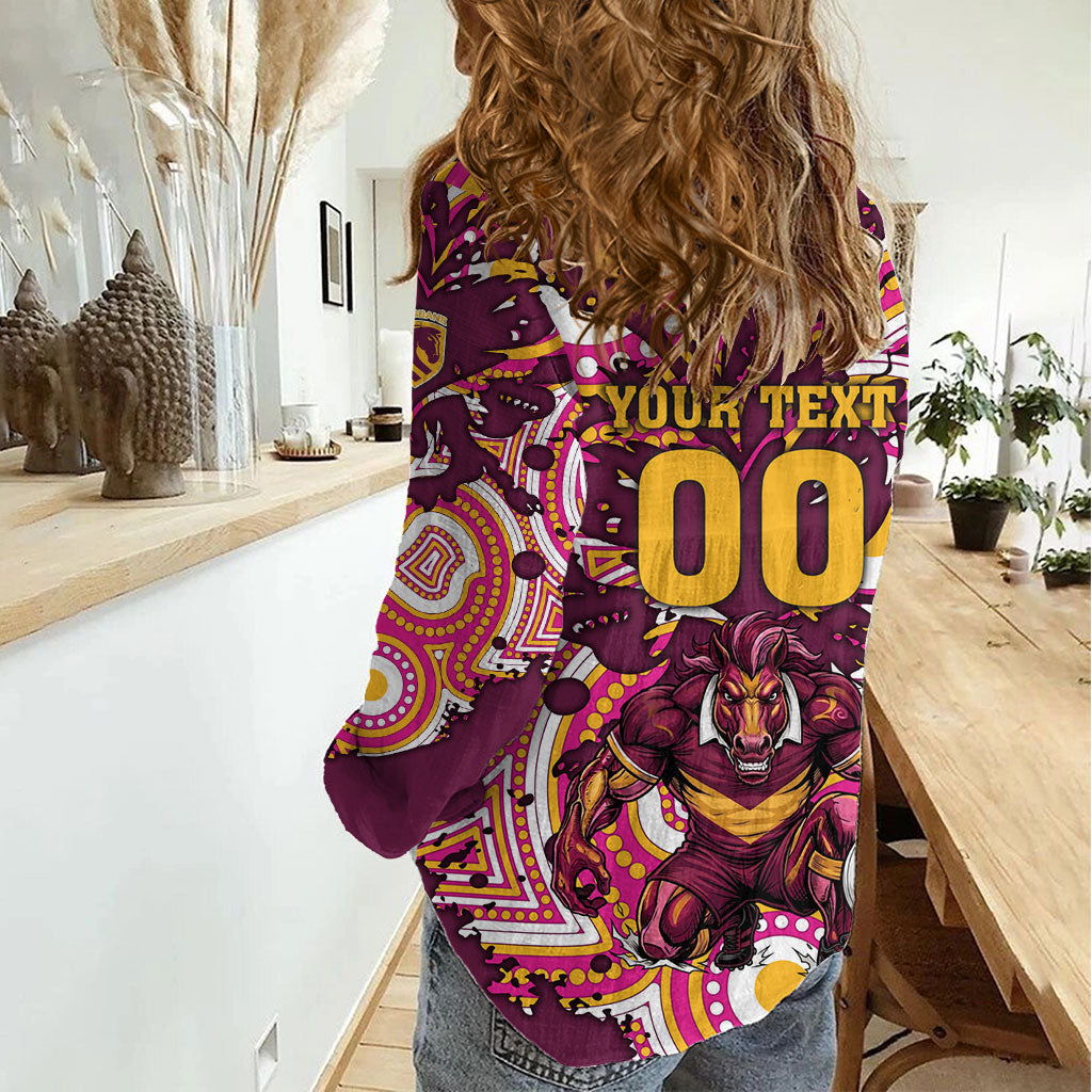 Personalised Brisbane Broncos Rugby Women Casual Shirt Aboriginal Art Style Pink And Gold Patterned Graphics
