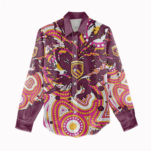 Personalised Brisbane Broncos Rugby Women Casual Shirt Aboriginal Art Style Pink And Gold Patterned Graphics