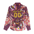 Personalised Brisbane Broncos Rugby Women Casual Shirt Aboriginal Art Style Pink And Gold Patterned Graphics