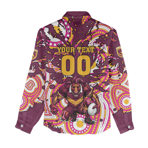 Personalised Brisbane Broncos Rugby Women Casual Shirt Aboriginal Art Style Pink And Gold Patterned Graphics