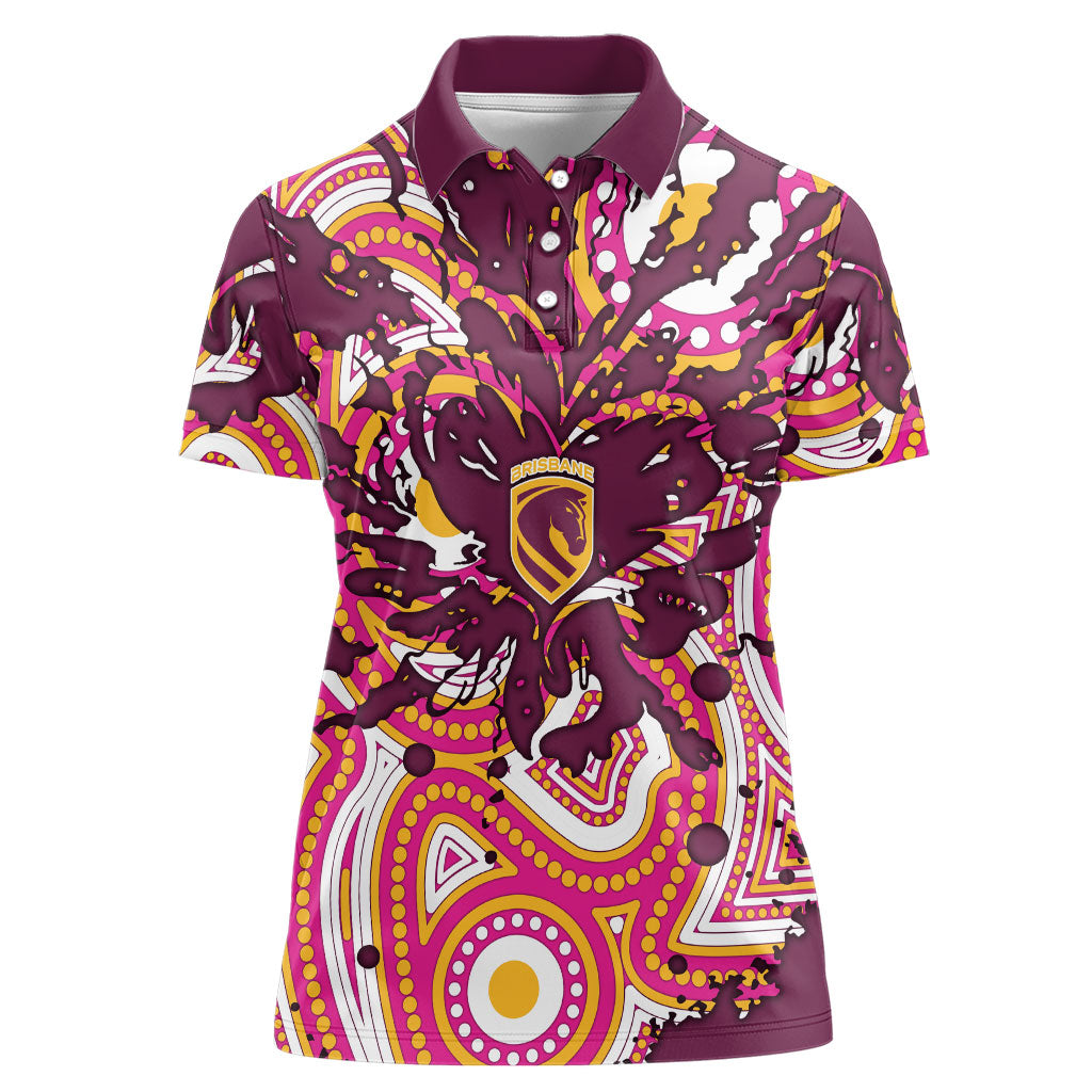 Personalised Brisbane Broncos Rugby Women Polo Shirt Aboriginal Art Style Pink And Gold Patterned Graphics