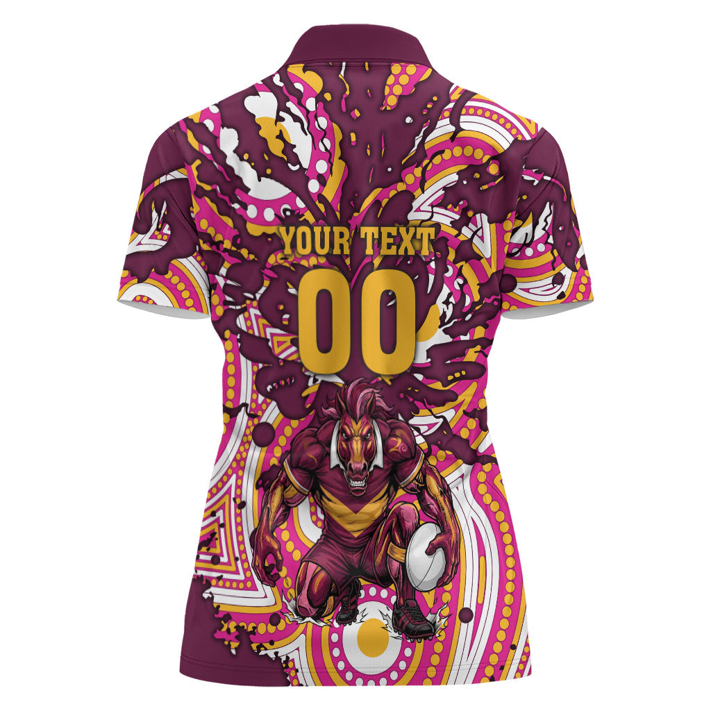 Personalised Brisbane Broncos Rugby Women Polo Shirt Aboriginal Art Style Pink And Gold Patterned Graphics