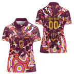 Personalised Brisbane Broncos Rugby Women Polo Shirt Aboriginal Art Style Pink And Gold Patterned Graphics
