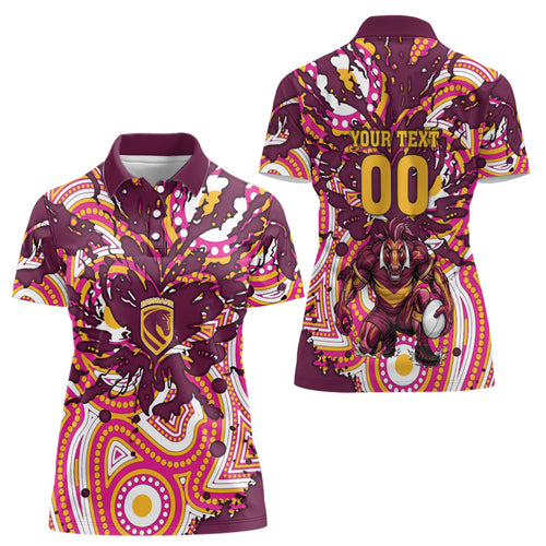 Personalised Brisbane Broncos Rugby Women Polo Shirt Aboriginal Art Style Pink And Gold Patterned Graphics
