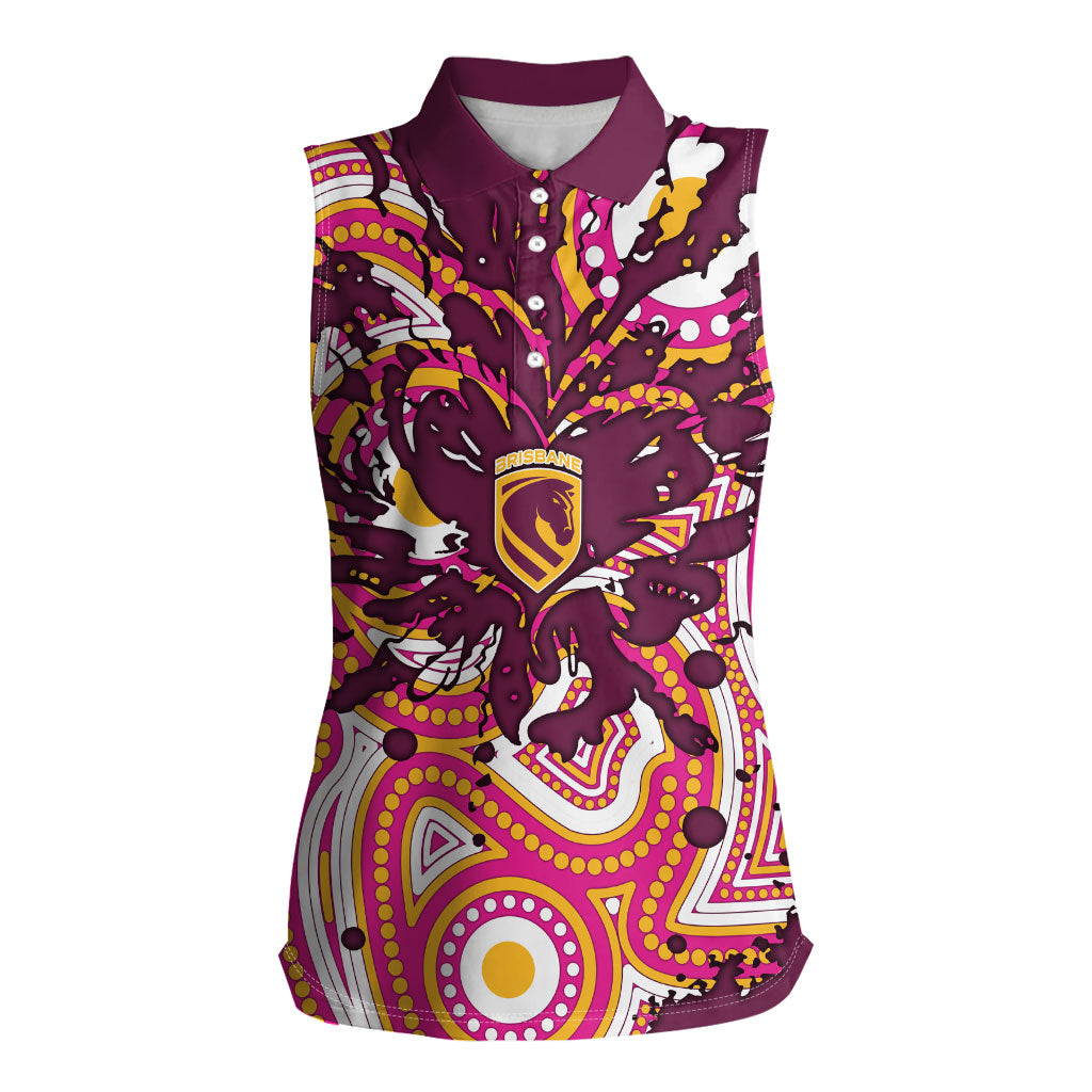 Personalised Brisbane Broncos Rugby Women Sleeveless Polo Shirt Aboriginal Art Style Pink And Gold Patterned Graphics