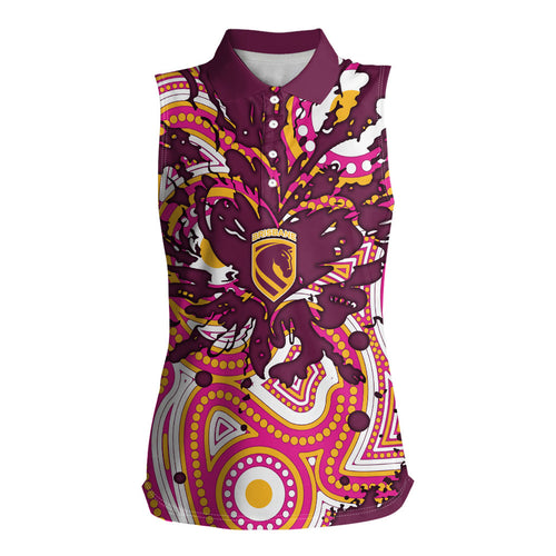 Personalised Brisbane Broncos Rugby Women Sleeveless Polo Shirt Aboriginal Art Style Pink And Gold Patterned Graphics