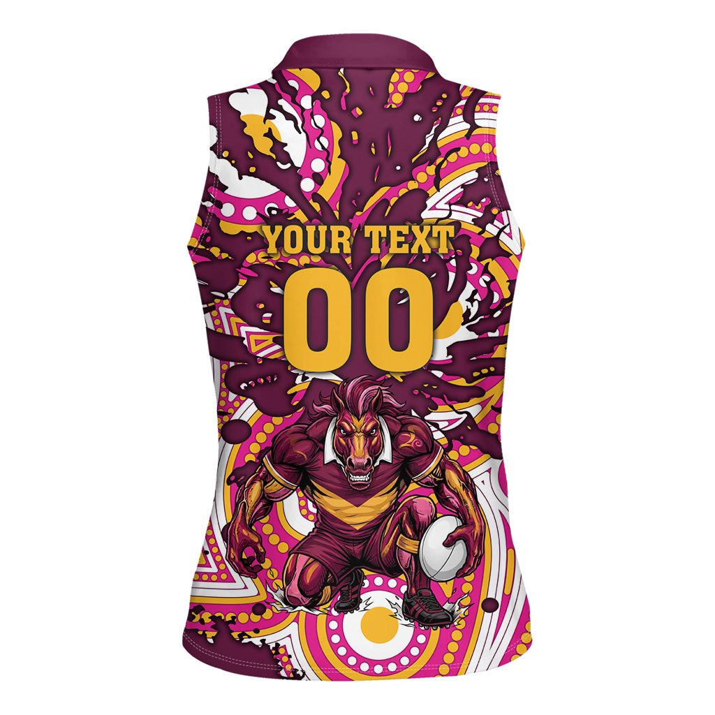 Personalised Brisbane Broncos Rugby Women Sleeveless Polo Shirt Aboriginal Art Style Pink And Gold Patterned Graphics