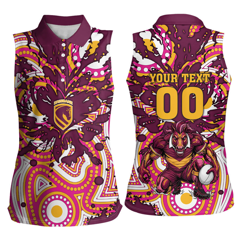 Personalised Brisbane Broncos Rugby Women Sleeveless Polo Shirt Aboriginal Art Style Pink And Gold Patterned Graphics