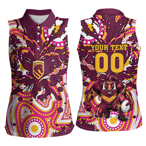 Personalised Brisbane Broncos Rugby Women Sleeveless Polo Shirt Aboriginal Art Style Pink And Gold Patterned Graphics
