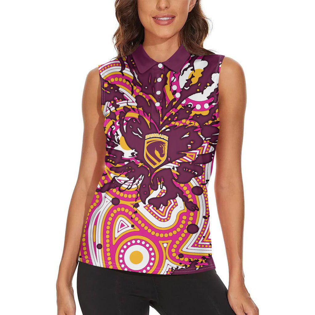 Personalised Brisbane Broncos Rugby Women Sleeveless Polo Shirt Aboriginal Art Style Pink And Gold Patterned Graphics