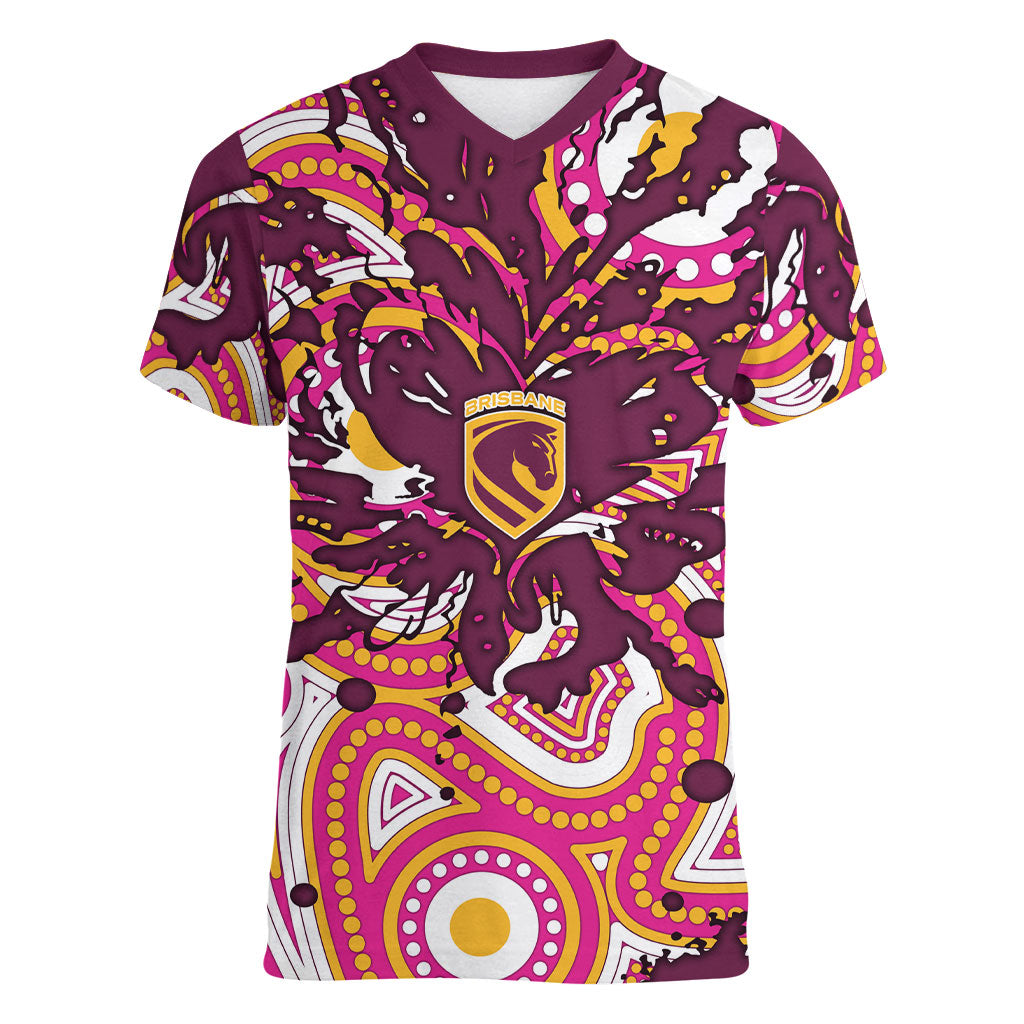 Personalised Brisbane Broncos Rugby Women V-Neck T-Shirt Aboriginal Art Style Pink And Gold Patterned Graphics