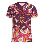 Personalised Brisbane Broncos Rugby Women V-Neck T-Shirt Aboriginal Art Style Pink And Gold Patterned Graphics