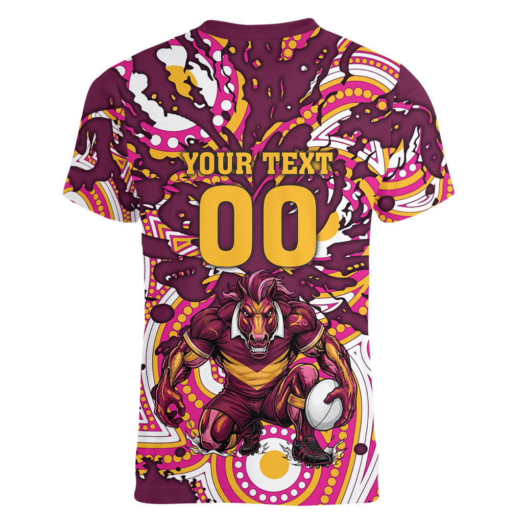 Personalised Brisbane Broncos Rugby Women V-Neck T-Shirt Aboriginal Art Style Pink And Gold Patterned Graphics