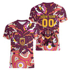 Personalised Brisbane Broncos Rugby Women V-Neck T-Shirt Aboriginal Art Style Pink And Gold Patterned Graphics