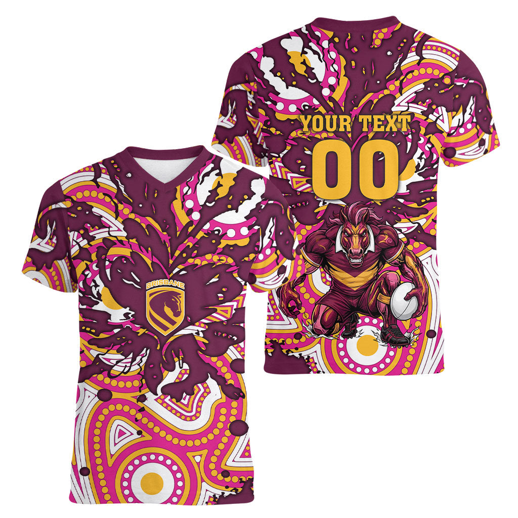 Personalised Brisbane Broncos Rugby Women V-Neck T-Shirt Aboriginal Art Style Pink And Gold Patterned Graphics