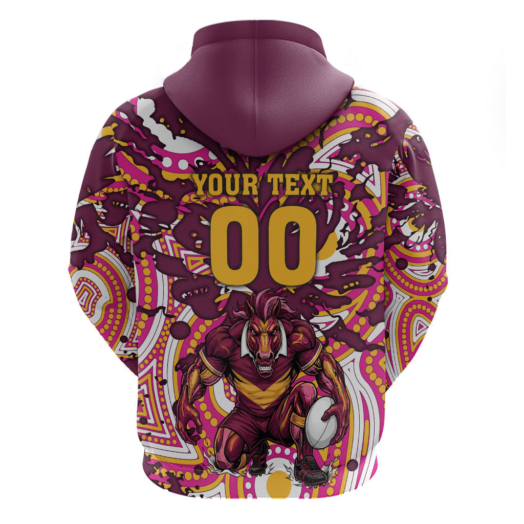 Personalised Brisbane Broncos Rugby Zip Hoodie Aboriginal Art Style Pink And Gold Patterned Graphics