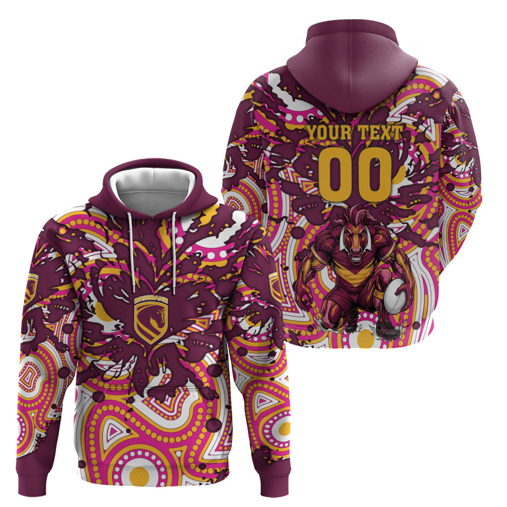 Personalised Brisbane Broncos Rugby Zip Hoodie Aboriginal Art Style Pink And Gold Patterned Graphics