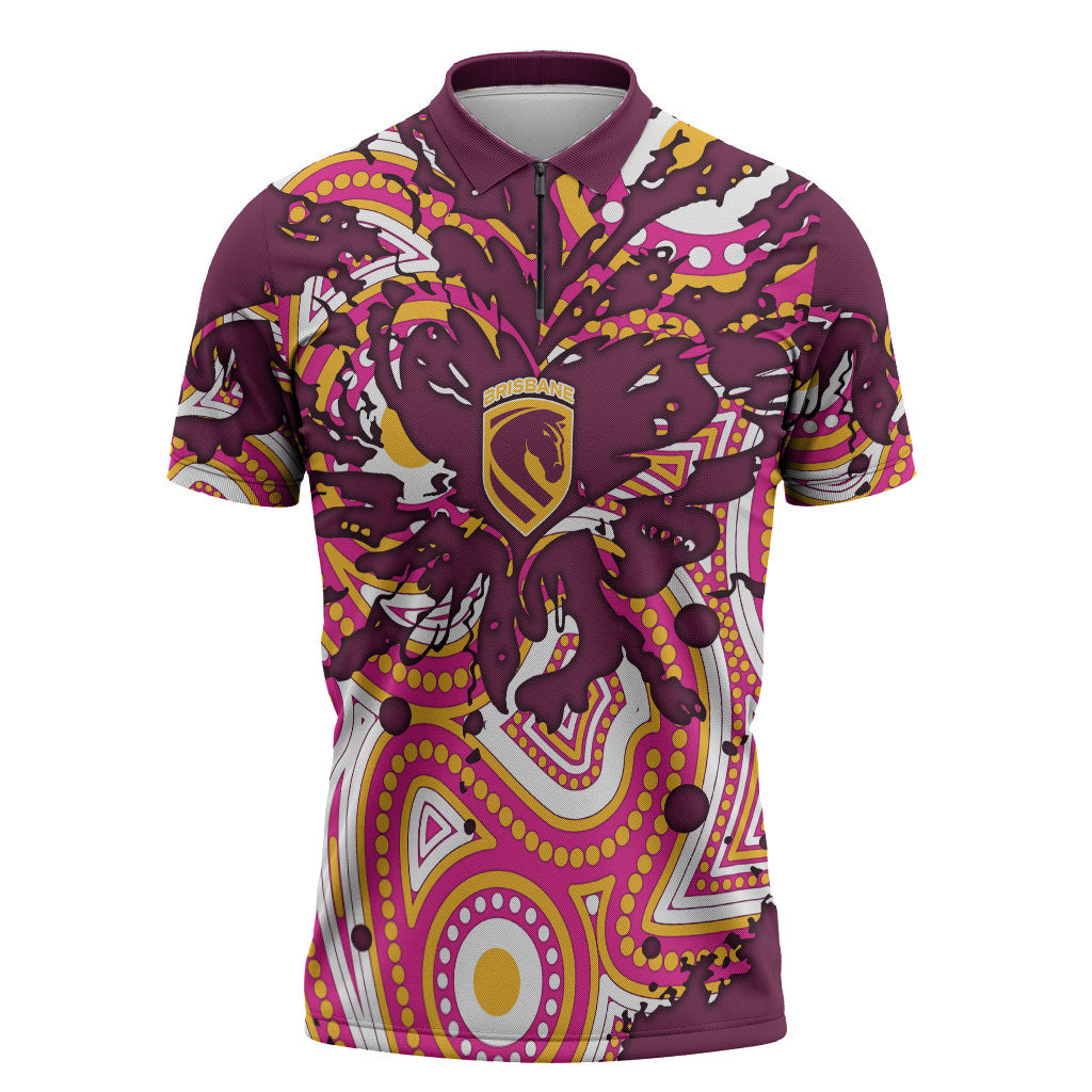 Personalised Brisbane Broncos Rugby Zipper Polo Shirt Aboriginal Art Style Pink And Gold Patterned Graphics