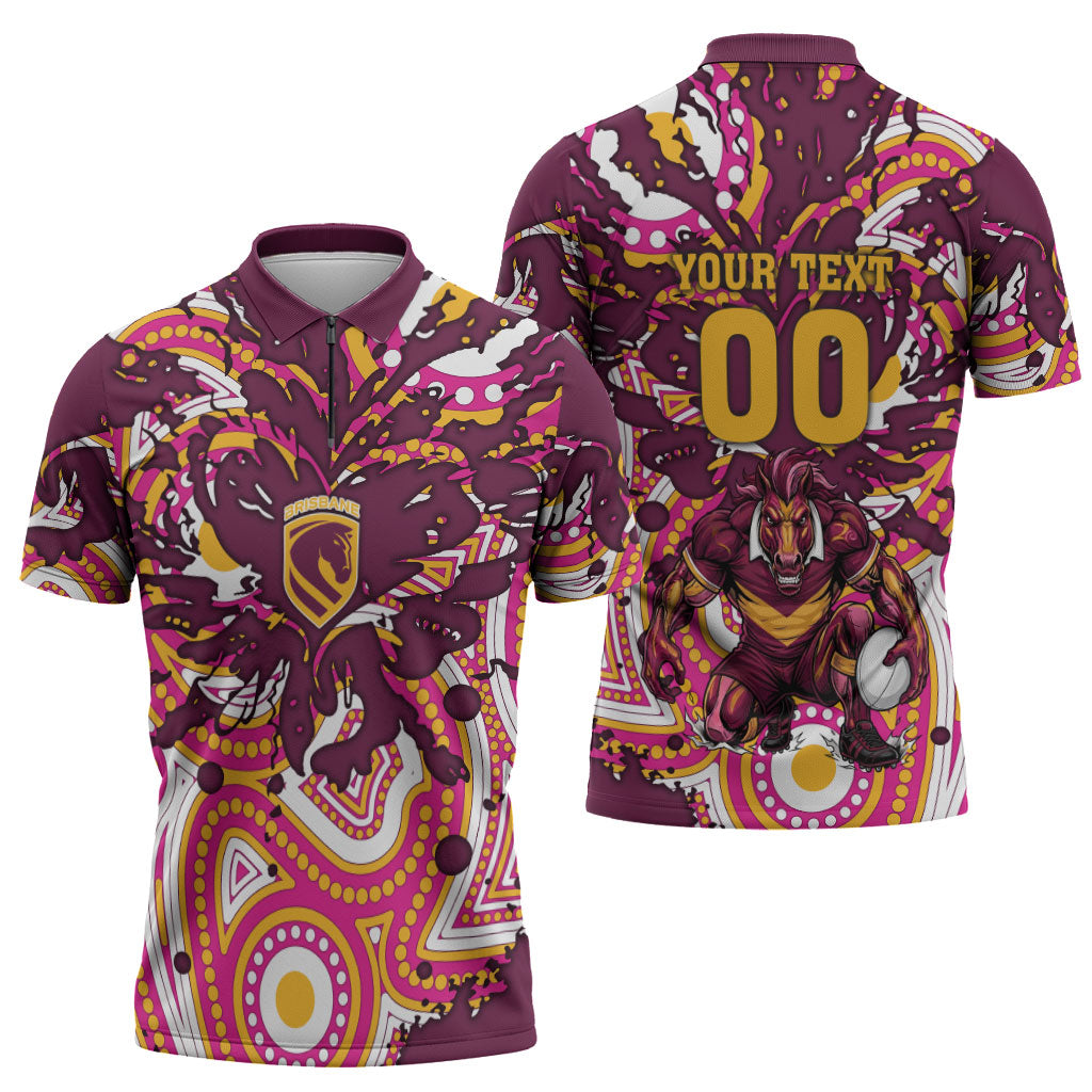 Personalised Brisbane Broncos Rugby Zipper Polo Shirt Aboriginal Art Style Pink And Gold Patterned Graphics