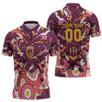Personalised Brisbane Broncos Rugby Zipper Polo Shirt Aboriginal Art Style Pink And Gold Patterned Graphics